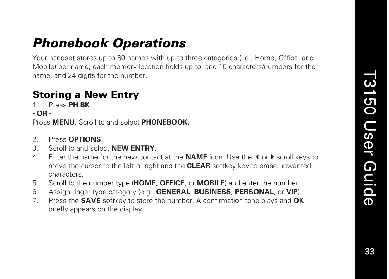 T3150 user guide, Phonebook operations, Storing a new entry | Motorola T3150 User Manual | Page 47 / 62