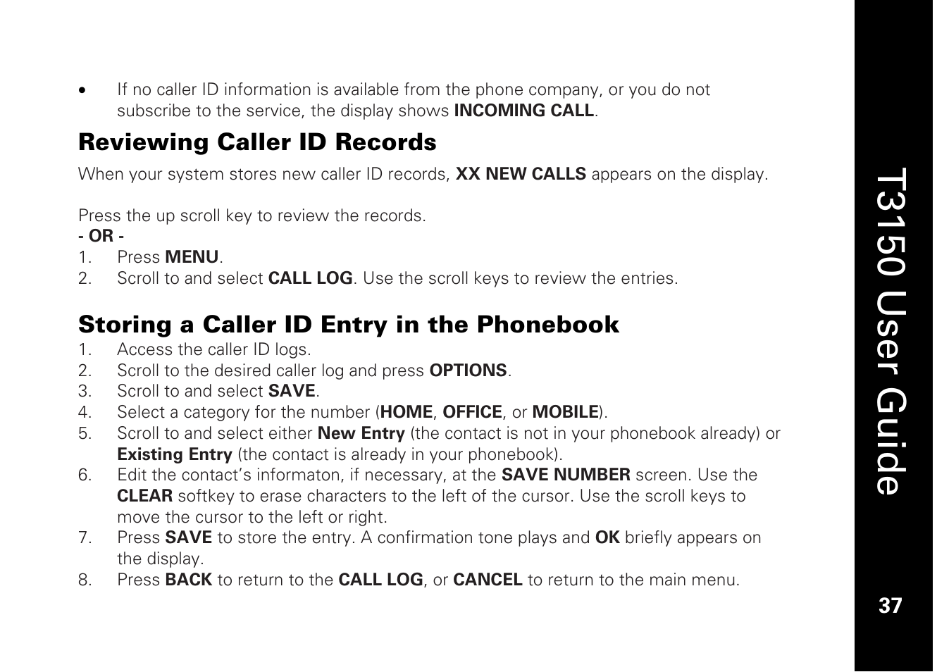 T3150 user guide, Reviewing caller id records, Storing a caller id entry in the phonebook | Motorola T3150 User Manual | Page 51 / 62