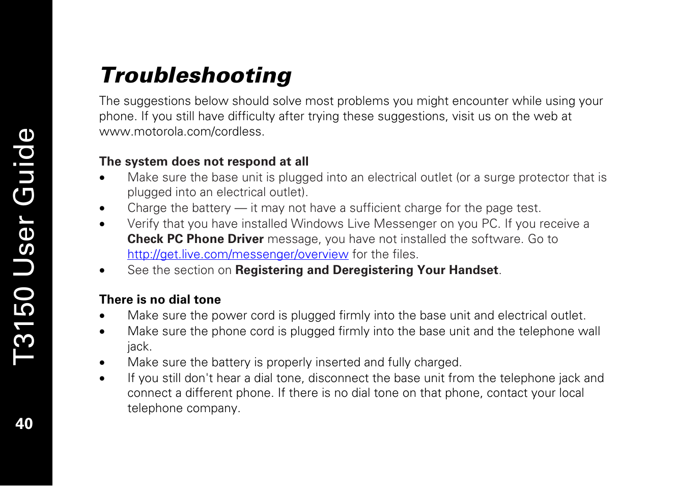 T3150 user guide, Troubleshooting | Motorola T3150 User Manual | Page 54 / 62