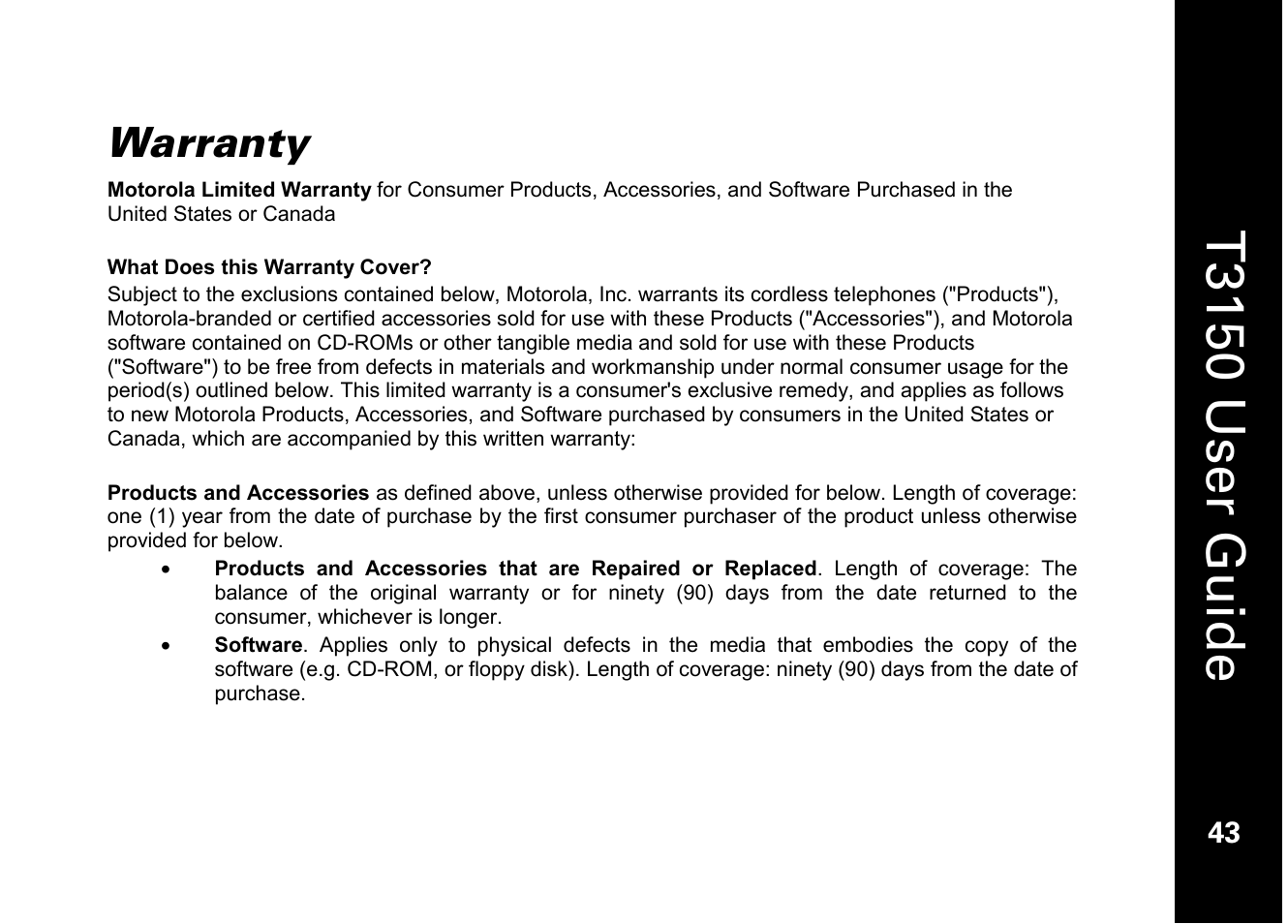 T3150 user guide, Warranty | Motorola T3150 User Manual | Page 57 / 62