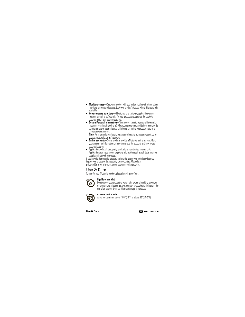 Use & care | Motorola MB520 User Manual | Page 6 / 14