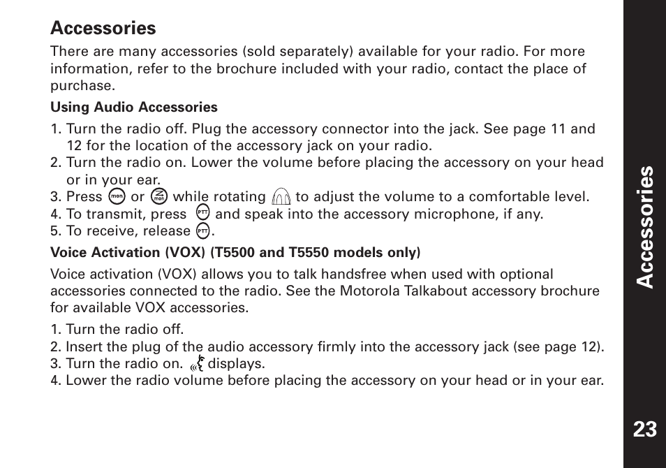 Accessories | Motorola T5500 User Manual | Page 24 / 35