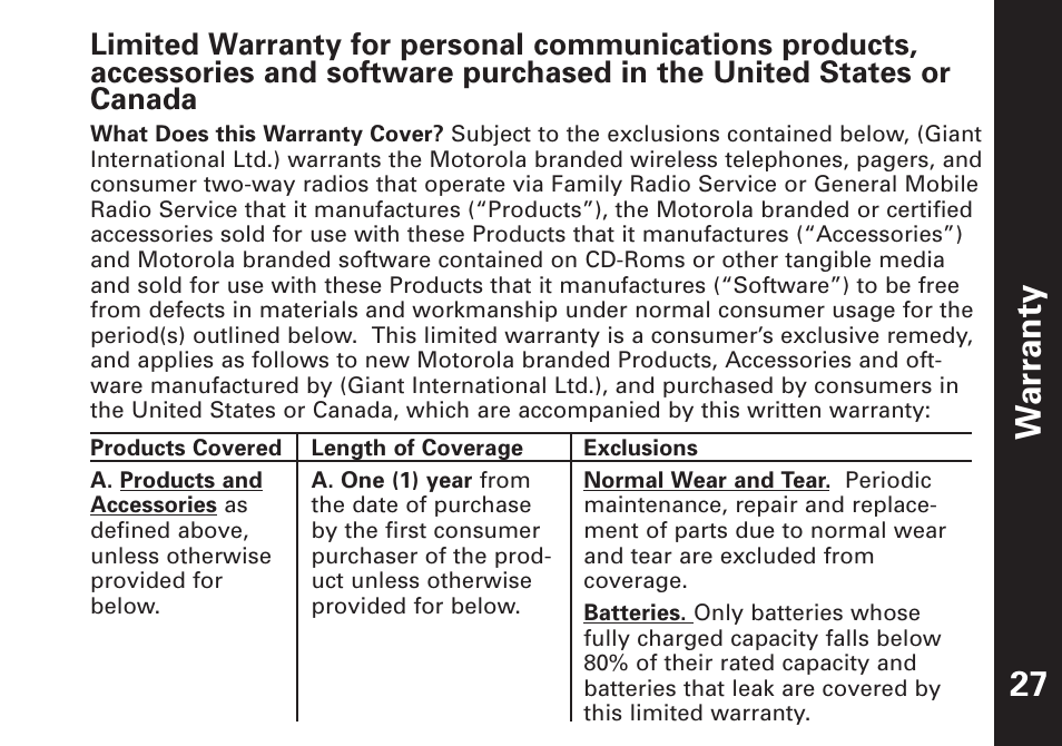 War ranty | Motorola T5500 User Manual | Page 28 / 35