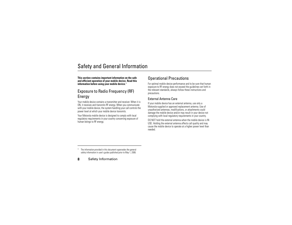 Safety information, Safety and general information, Exposure to radio frequency (rf) energy | Operational precautions | Motorola E6 User Manual | Page 10 / 144