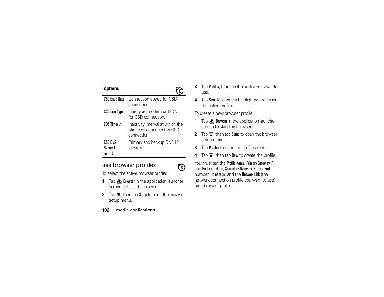 Use browser profiles | Motorola E6 User Manual | Page 104 / 144