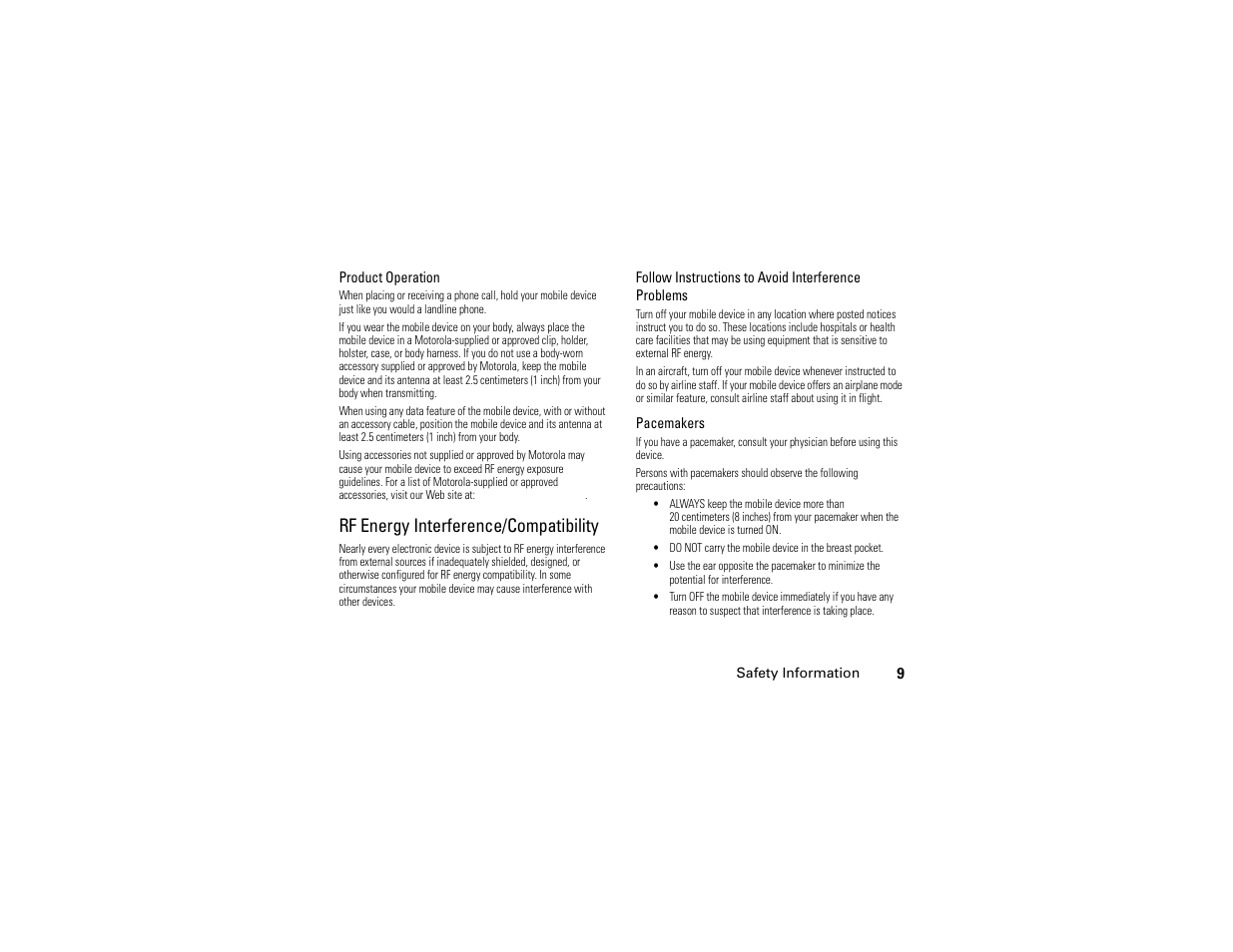 Rf energy interference/compatibility | Motorola E6 User Manual | Page 11 / 144
