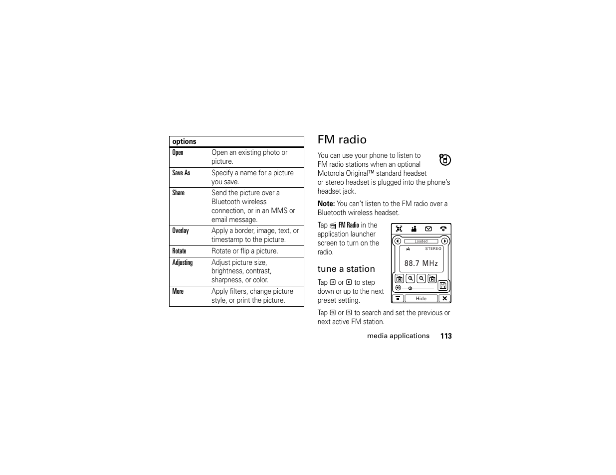 Fm radio, Tune a station | Motorola E6 User Manual | Page 115 / 144