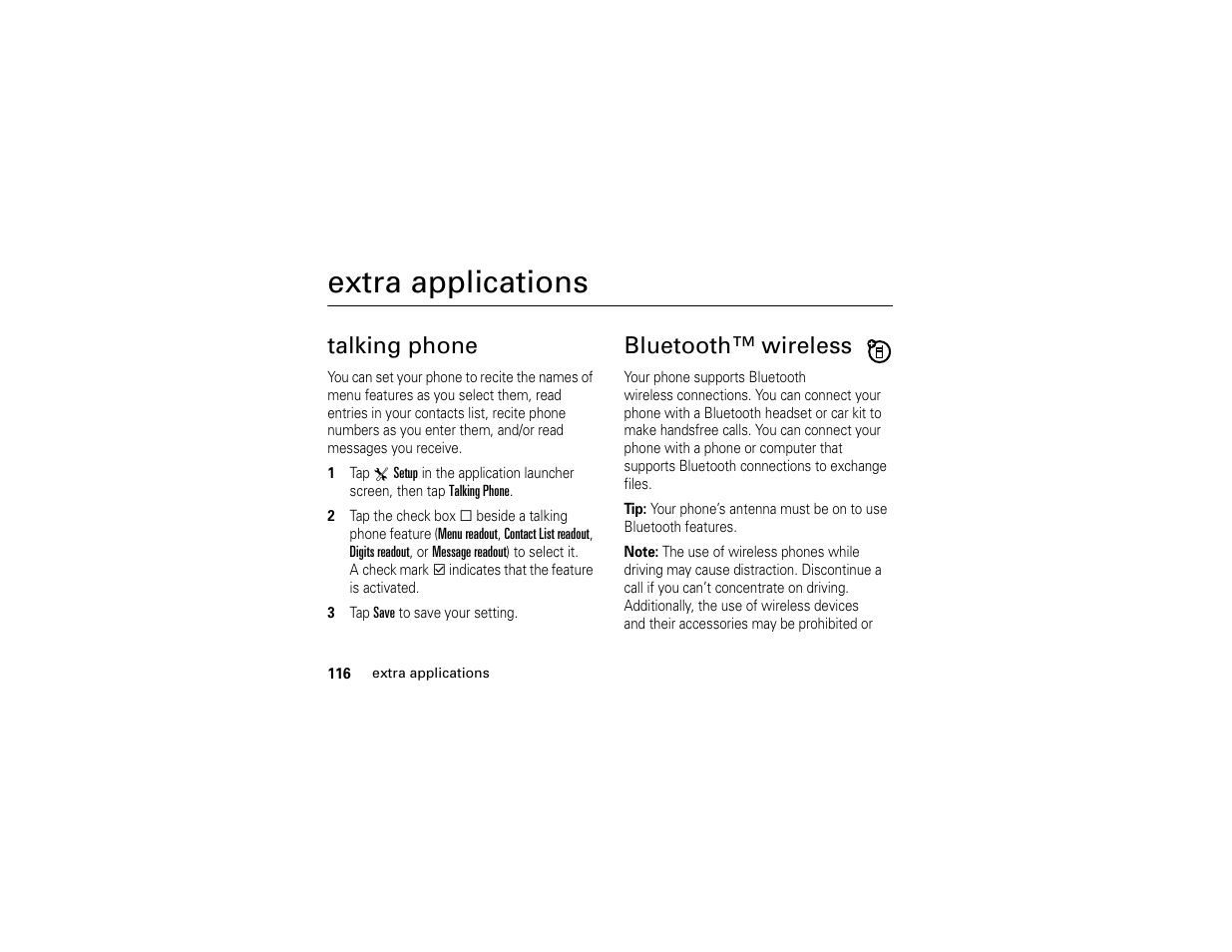 Extra applications, Talking phone bluetooth™ wir, Talking phone | Bluetooth™ wireless | Motorola E6 User Manual | Page 118 / 144