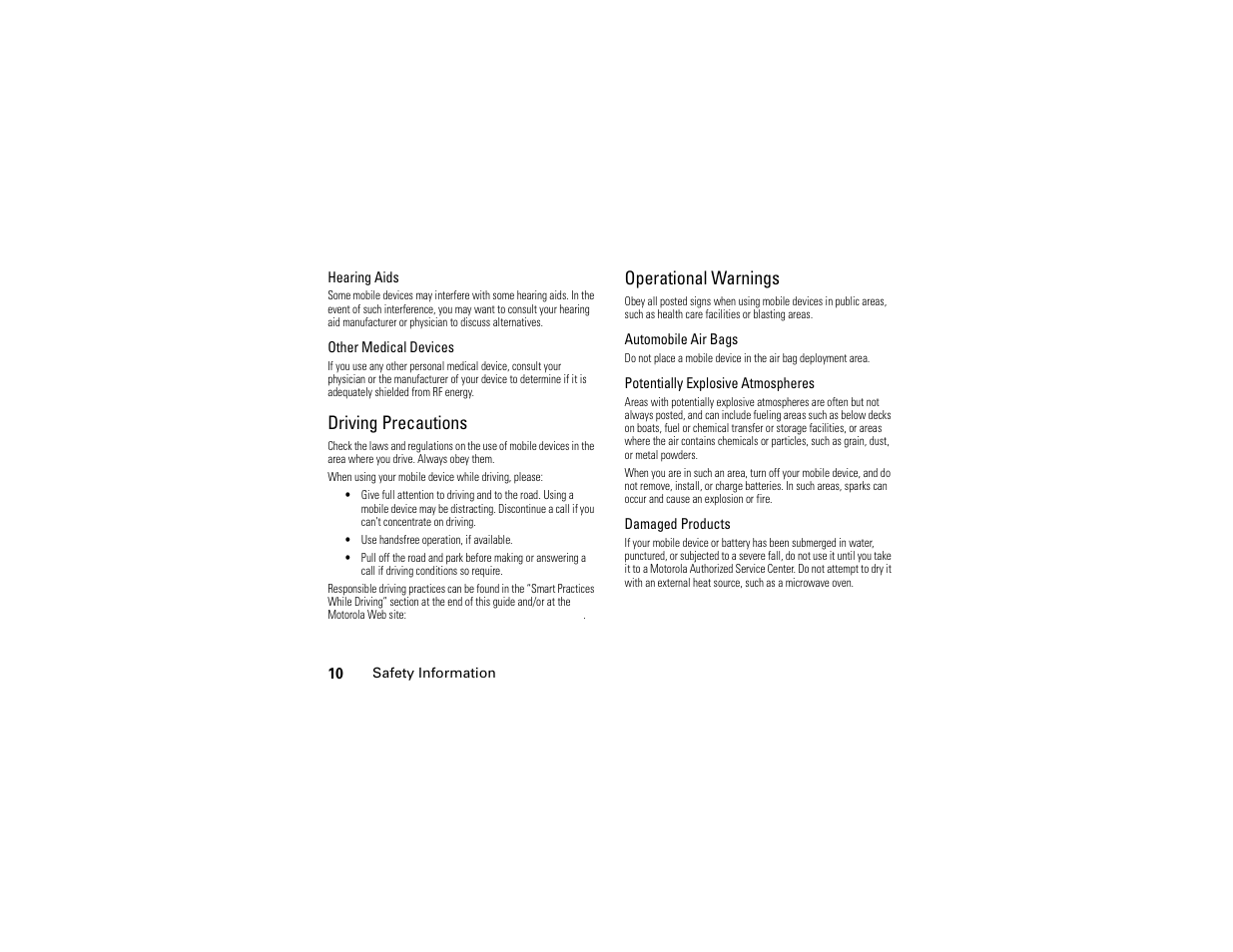 Driving precautions, Operational warnings | Motorola E6 User Manual | Page 12 / 144