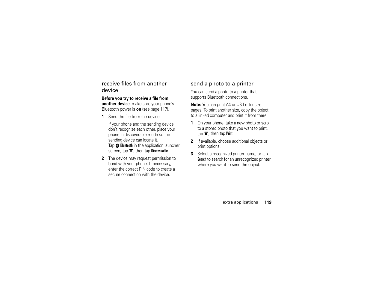 Receive files from another device, Send a photo to a printer | Motorola E6 User Manual | Page 121 / 144