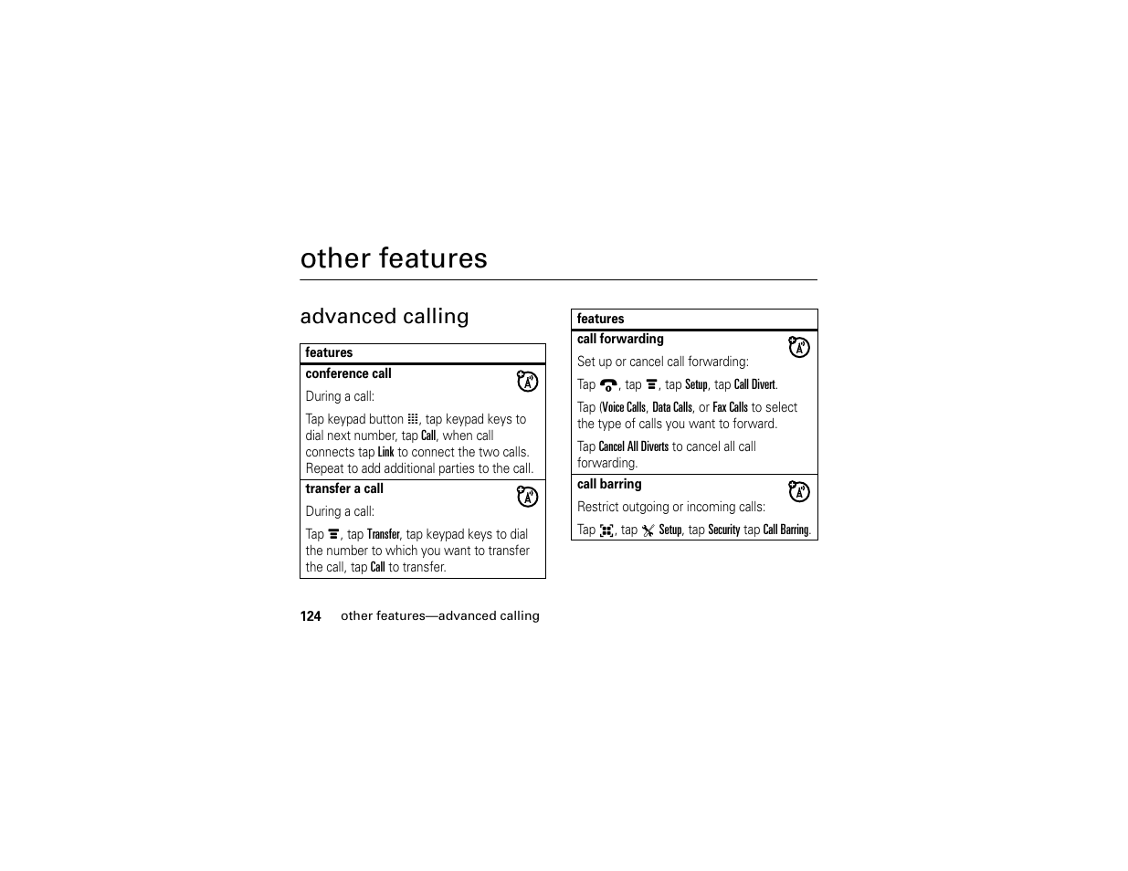 Other features, Advanced calling | Motorola E6 User Manual | Page 126 / 144