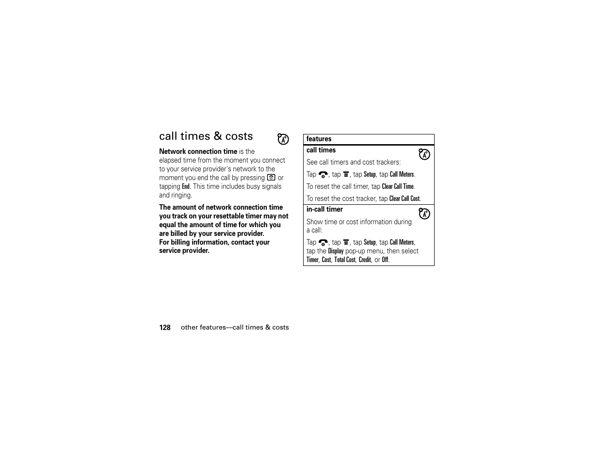 Call times & costs | Motorola E6 User Manual | Page 130 / 144