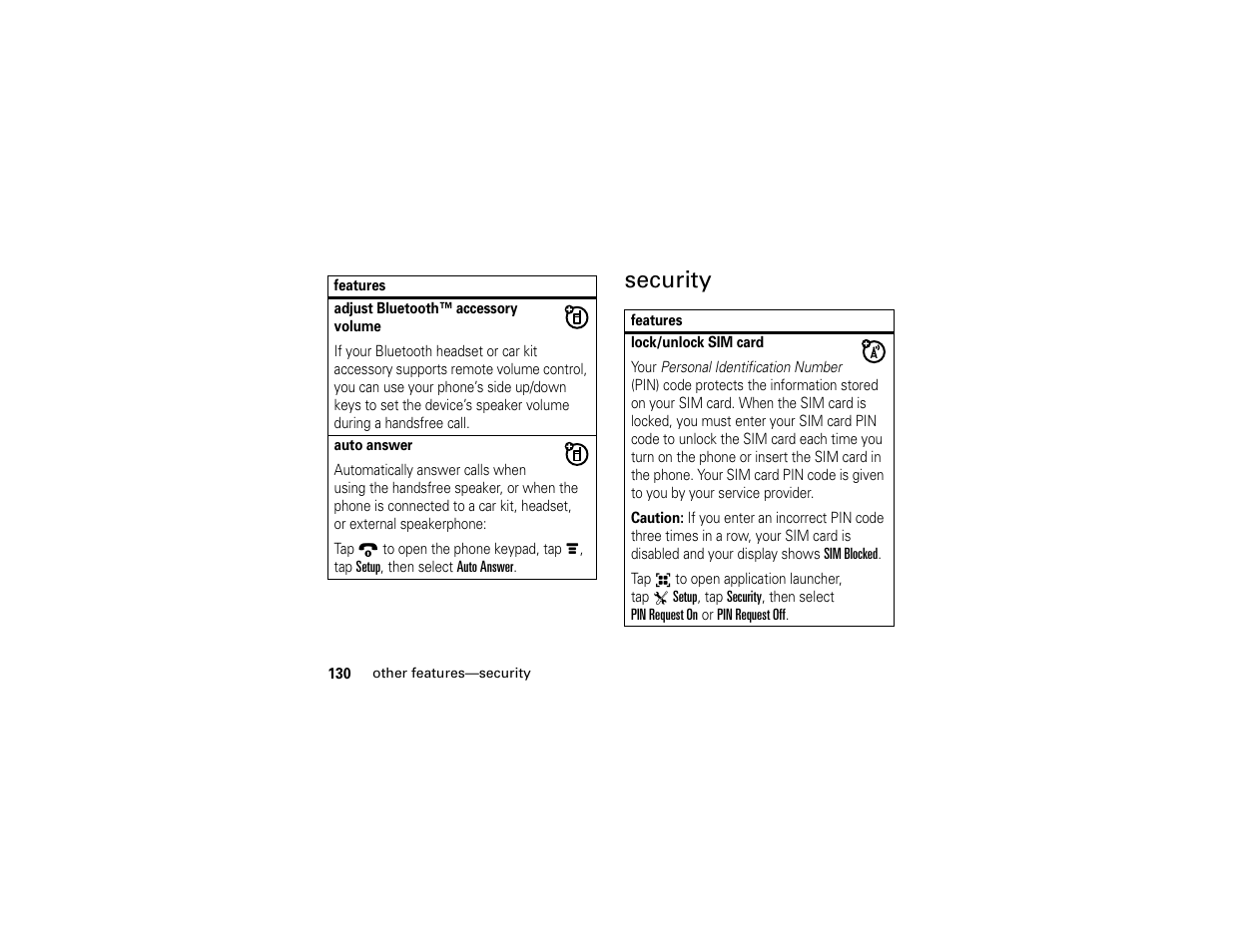 Security | Motorola E6 User Manual | Page 132 / 144