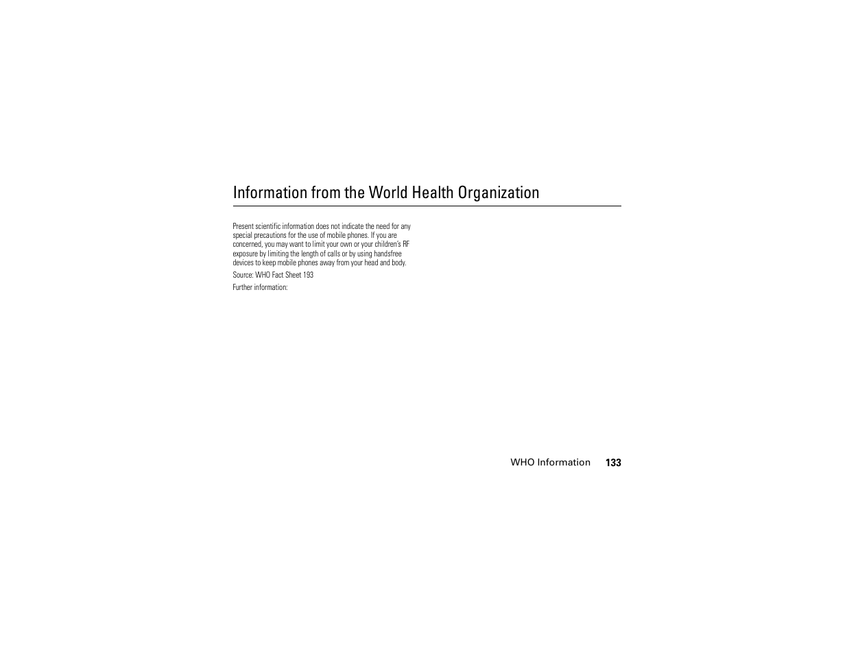 Who information, Information from the world health organization | Motorola E6 User Manual | Page 135 / 144