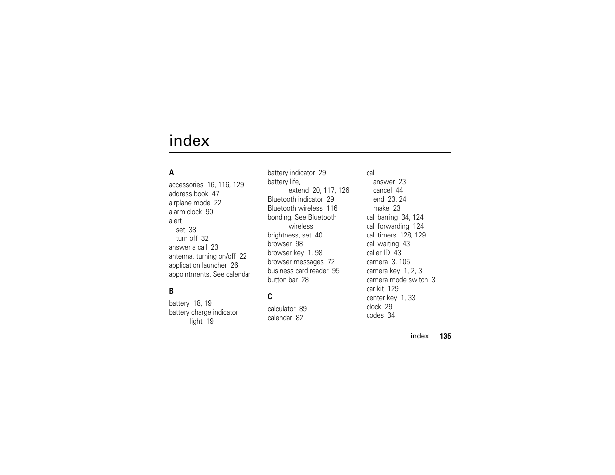 Index | Motorola E6 User Manual | Page 137 / 144