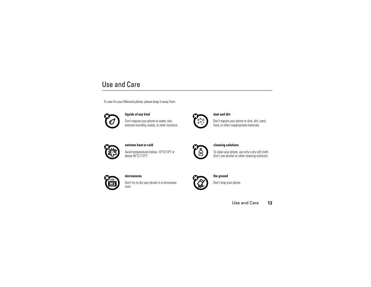 Use and care | Motorola E6 User Manual | Page 15 / 144