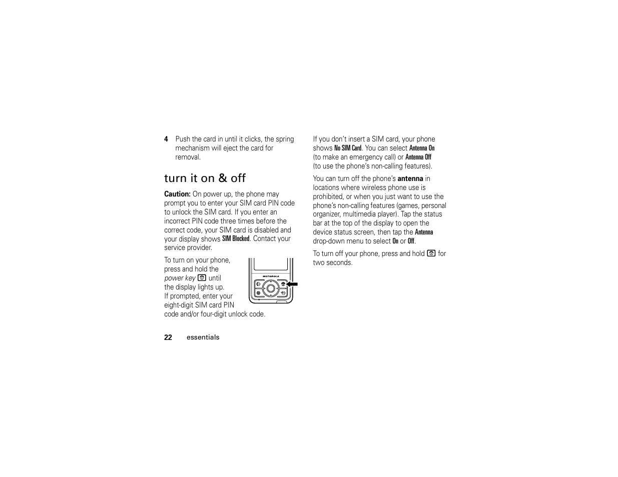 Turn it on & off | Motorola E6 User Manual | Page 24 / 144