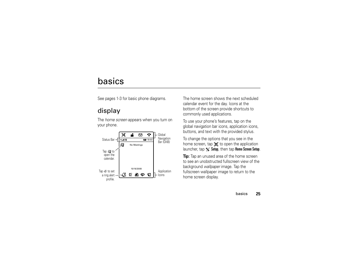 Basics, Display | Motorola E6 User Manual | Page 27 / 144