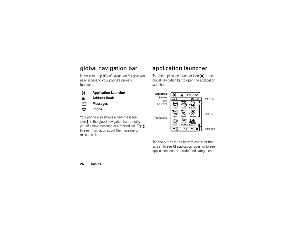 Global navigation bar, Application launcher | Motorola E6 User Manual | Page 28 / 144