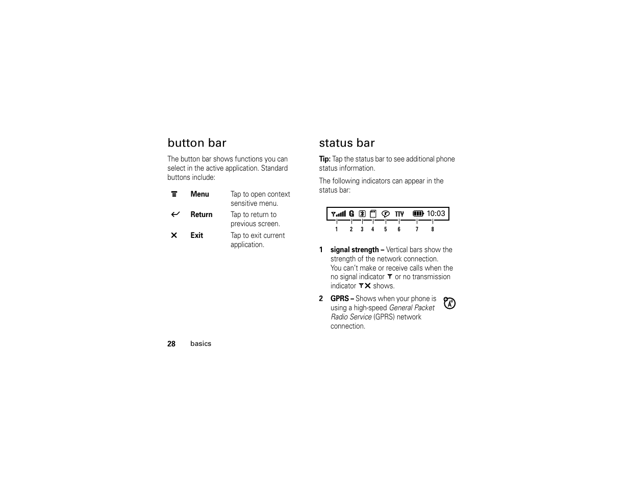Button bar status bar, Button bar, Status bar | Motorola E6 User Manual | Page 30 / 144