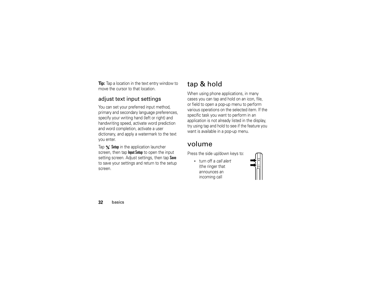 Tap & hold volume, Tap & hold, Volume | Motorola E6 User Manual | Page 34 / 144