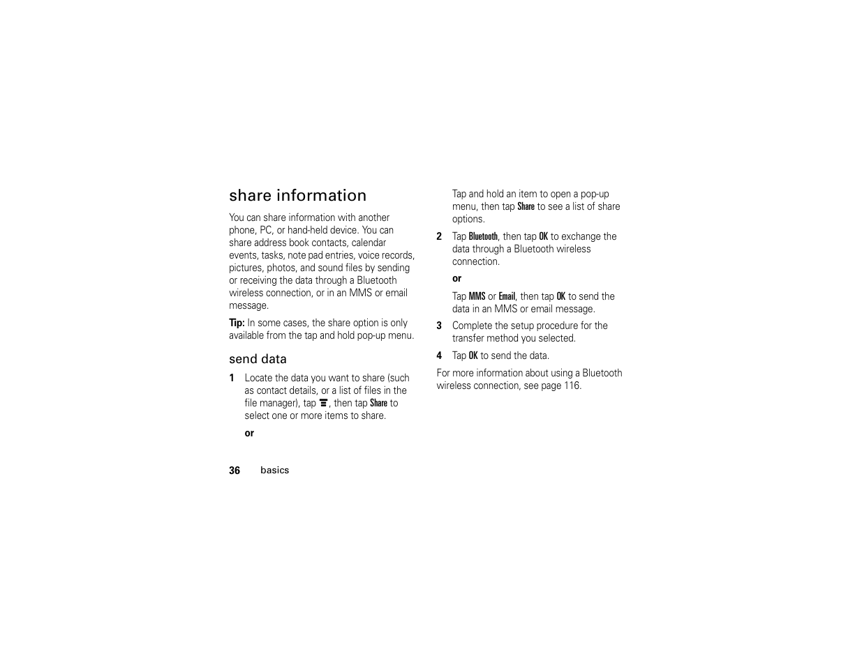 Share information | Motorola E6 User Manual | Page 38 / 144