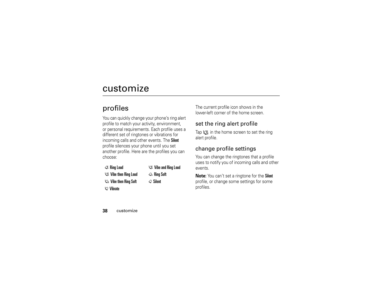 Customize, Profiles | Motorola E6 User Manual | Page 40 / 144