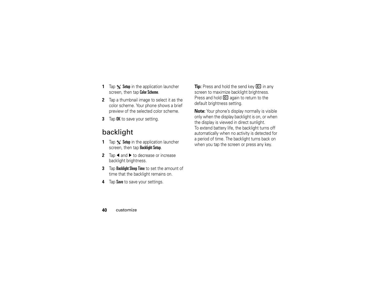 Backlight | Motorola E6 User Manual | Page 42 / 144