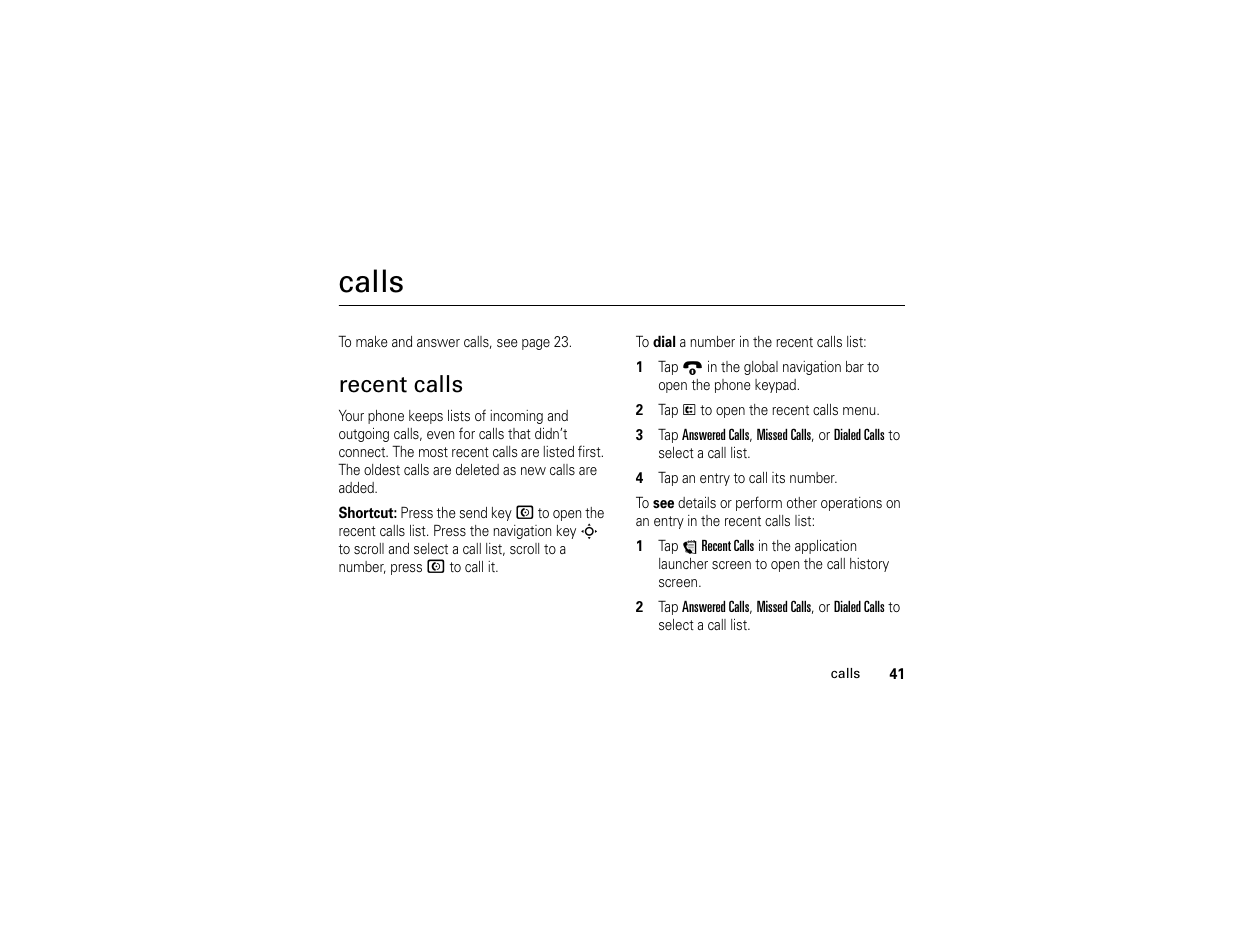 Calls, Recent calls | Motorola E6 User Manual | Page 43 / 144