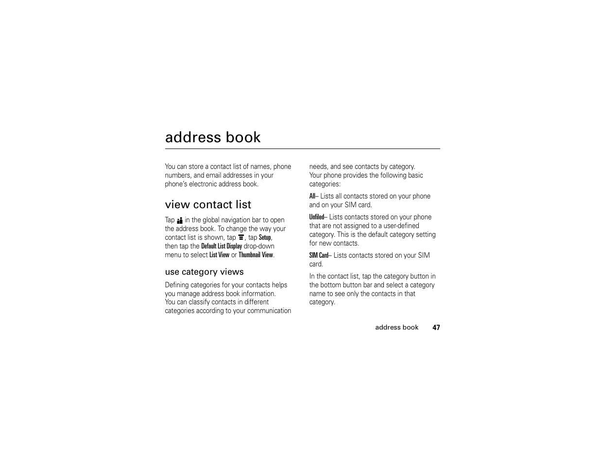 Address book, View contact list | Motorola E6 User Manual | Page 49 / 144