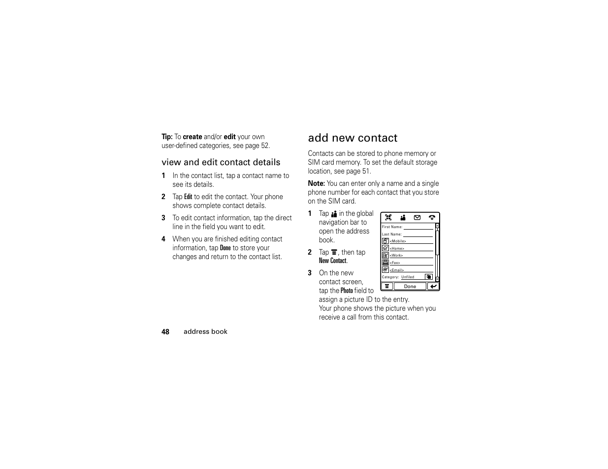Add new contact, View and edit contact details | Motorola E6 User Manual | Page 50 / 144