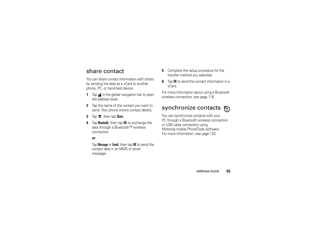 Share contact synchronize contacts, Share contact, Synchronize contacts | Motorola E6 User Manual | Page 57 / 144
