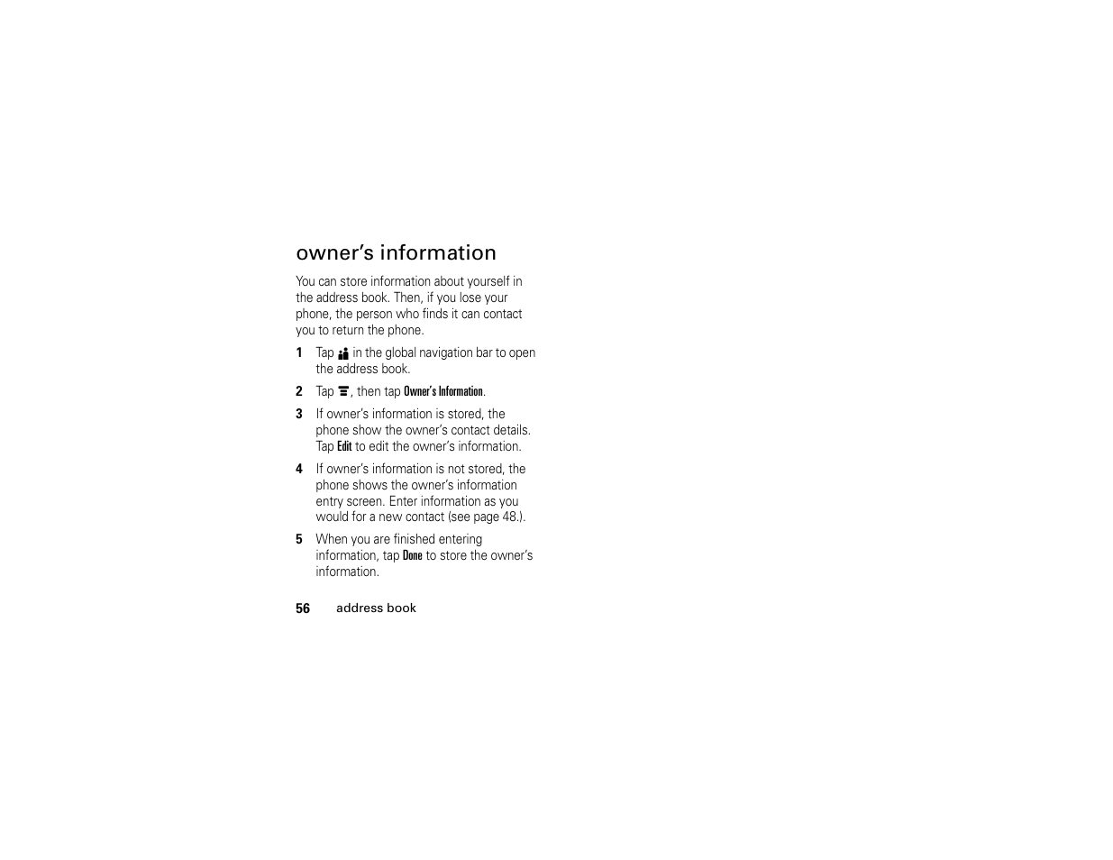 Owner’s information | Motorola E6 User Manual | Page 58 / 144