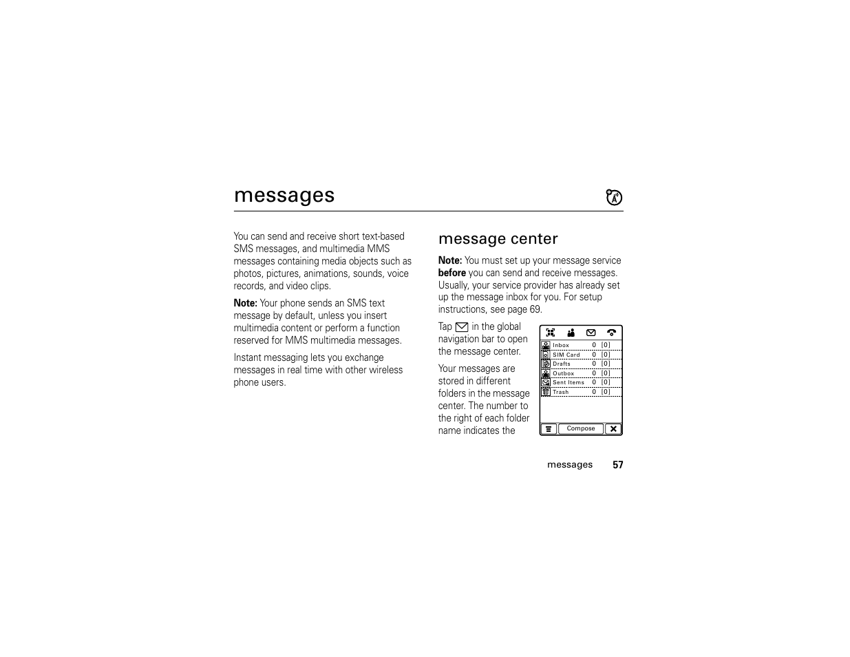 Messages, Message center | Motorola E6 User Manual | Page 59 / 144