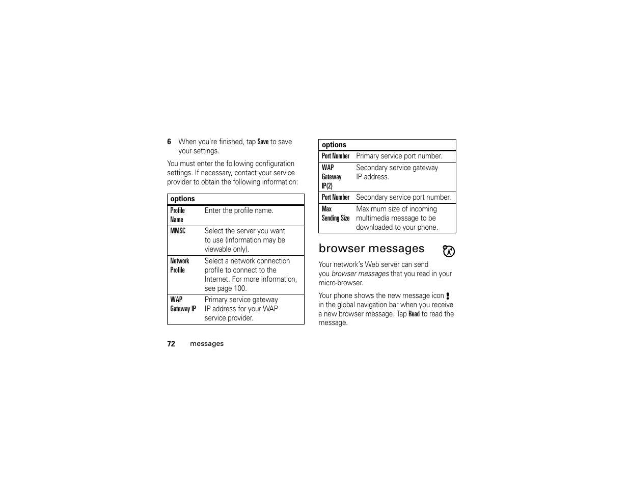 Browser messages | Motorola E6 User Manual | Page 74 / 144