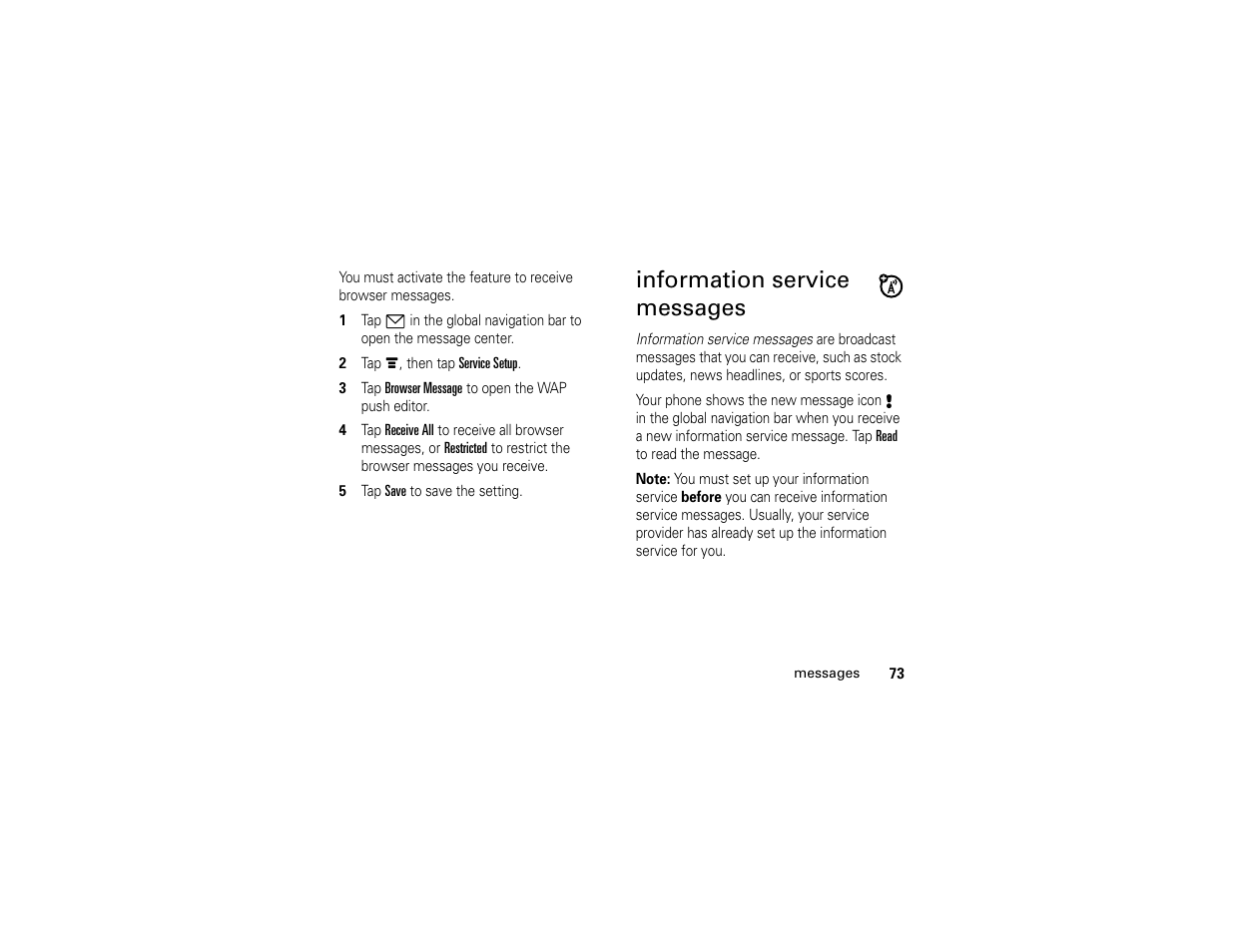 Information service messages | Motorola E6 User Manual | Page 75 / 144