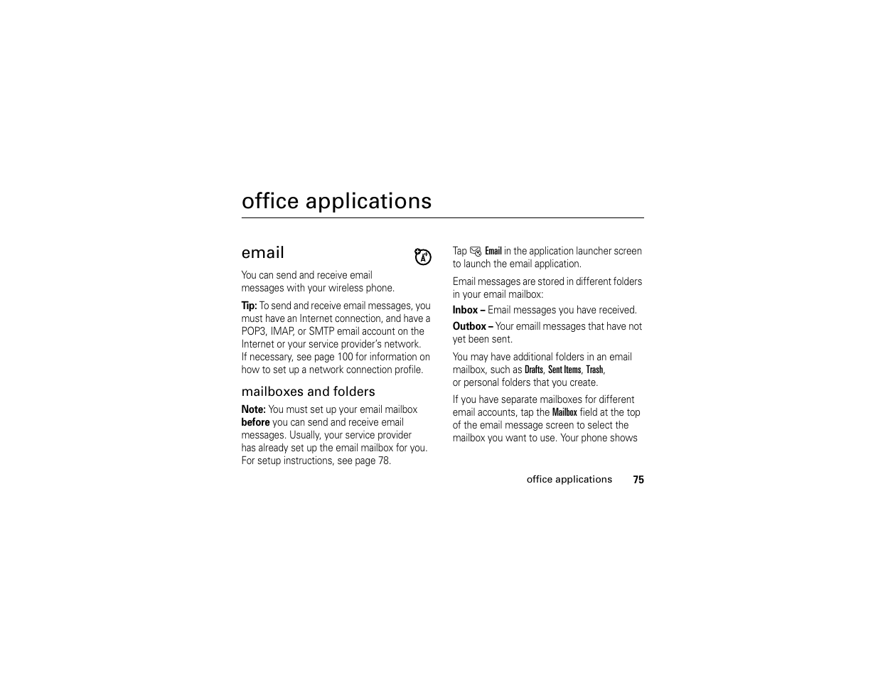 Office applications, Email | Motorola E6 User Manual | Page 77 / 144