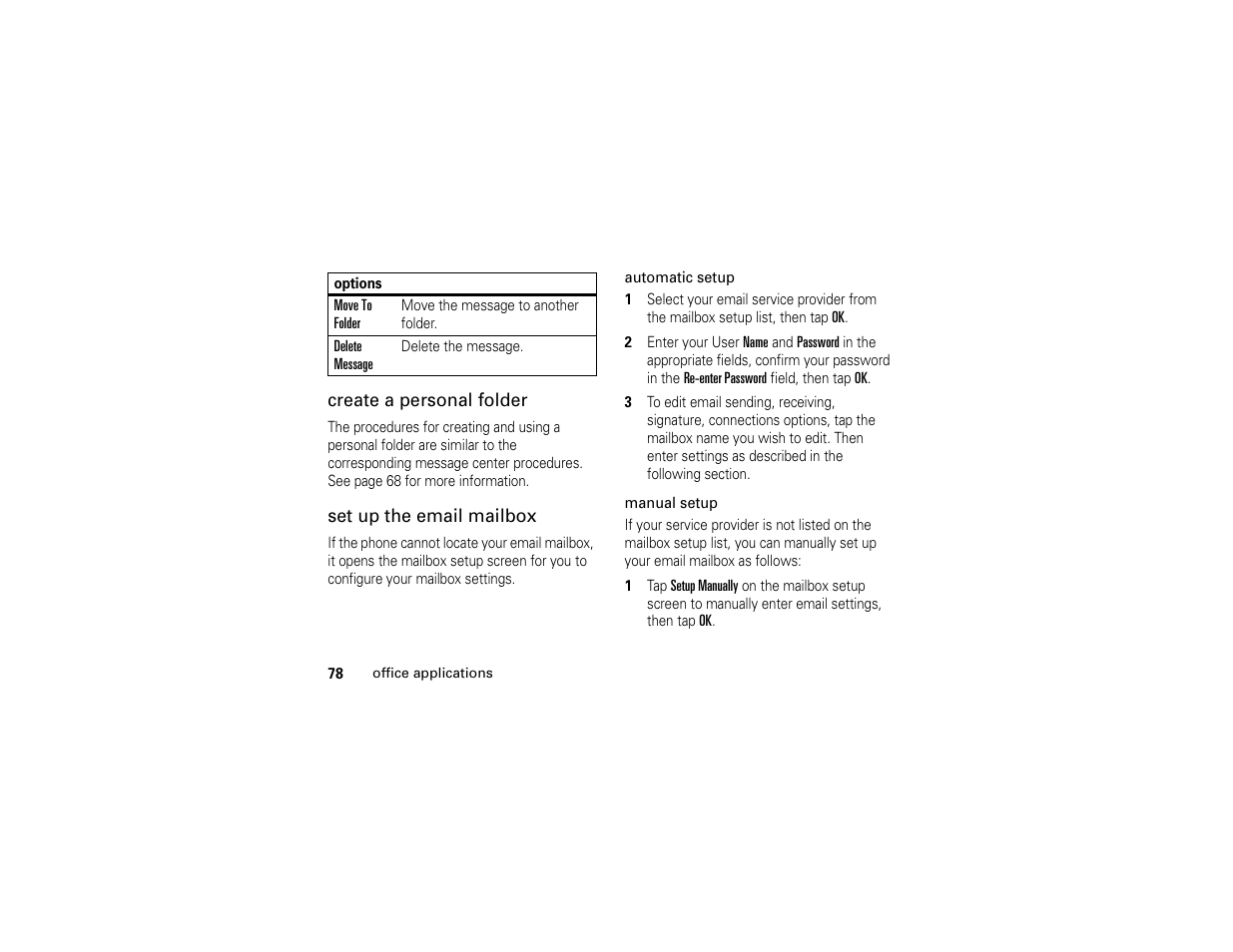 Create a personal folder, Set up the email mailbox | Motorola E6 User Manual | Page 80 / 144
