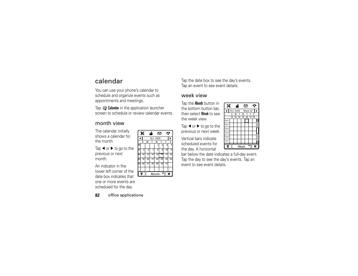 Calendar, Month view, Week view | Office applications | Motorola E6 User Manual | Page 84 / 144