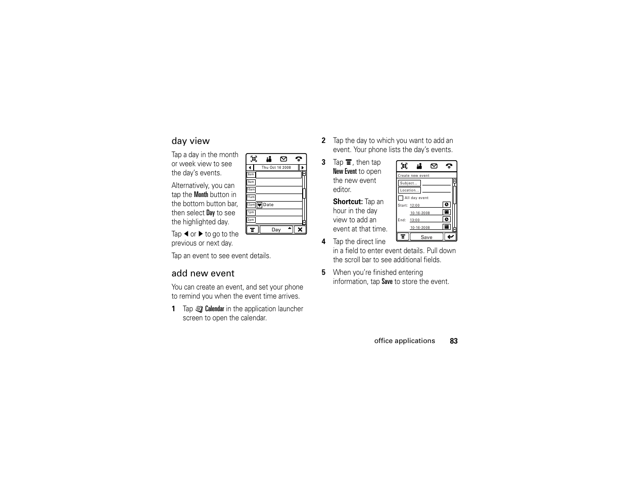 Day view, Add new event | Motorola E6 User Manual | Page 85 / 144