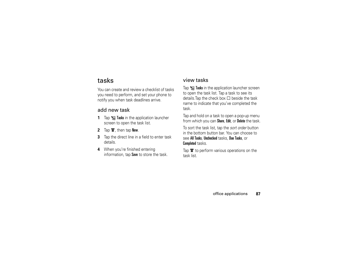 Tasks | Motorola E6 User Manual | Page 89 / 144