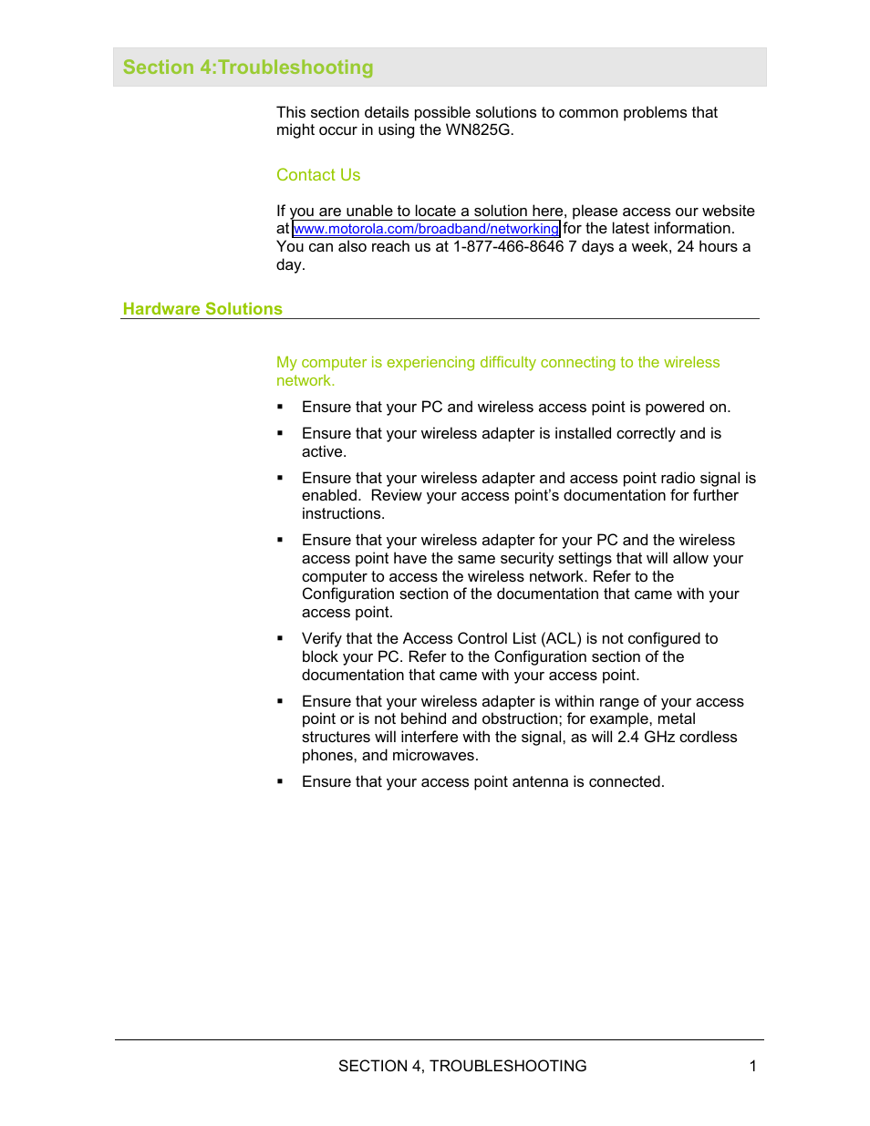 Section 4:troubleshooting, Contact us, Hardware solutions | Motorola WN825G User Manual | Page 34 / 47