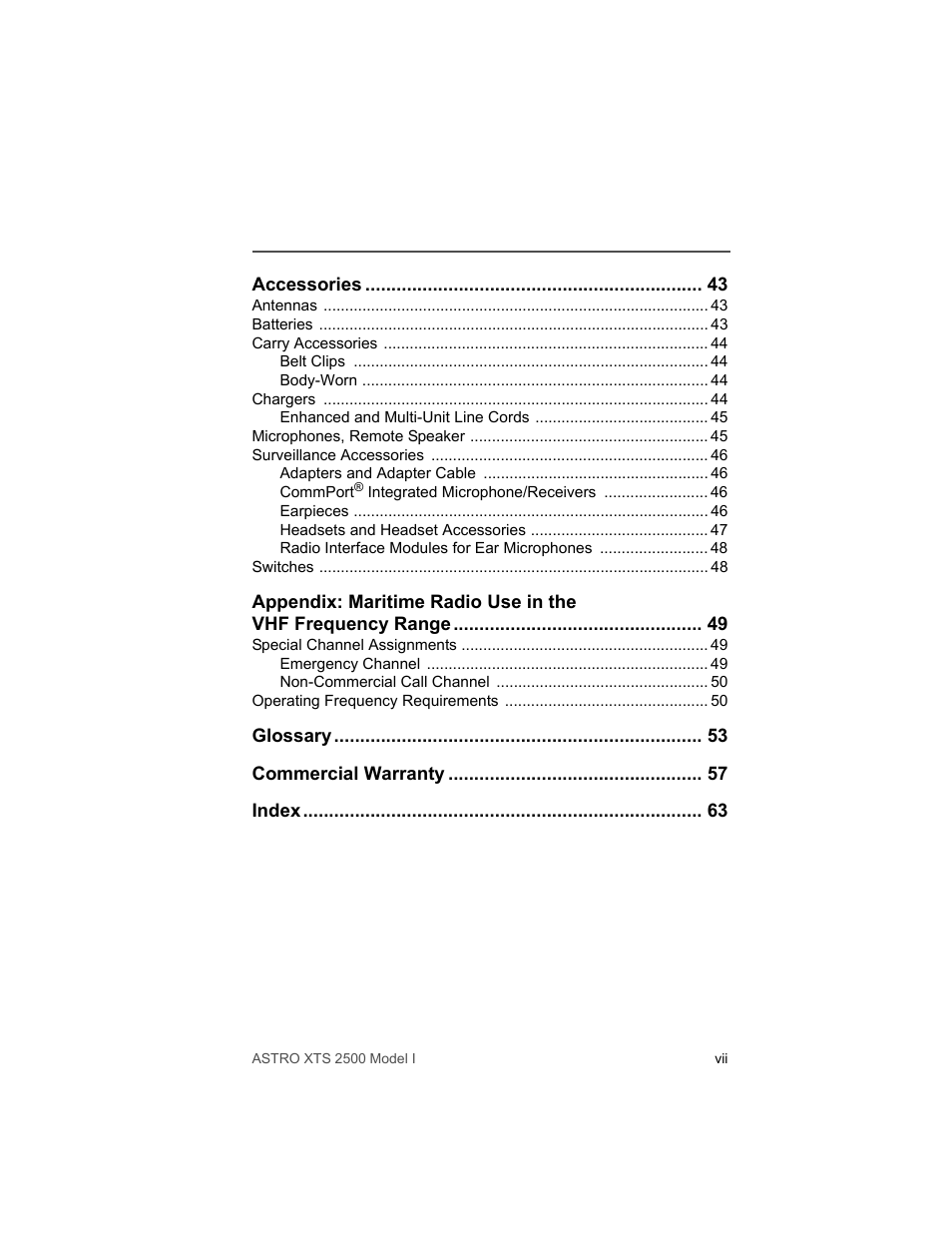 Accessories 43, Antennas 43, Batteries 43 | Carry accessories 44, Chargers 44, Microphones, remote speaker 45, Surveillance accessories 46, Switches 48, Special channel assignments 49, Operating frequency requirements 50 | Motorola XTS2500 User Manual | Page 11 / 78