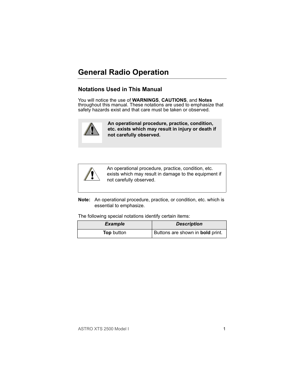 General radio operation, Notations used in this manual | Motorola XTS2500 User Manual | Page 13 / 78