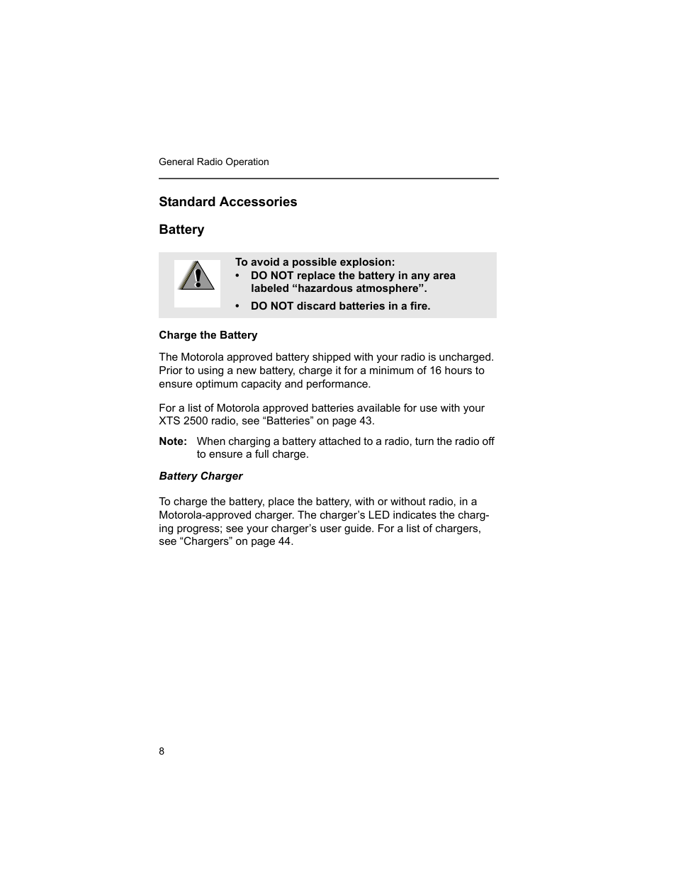 Standard accessories, Battery | Motorola XTS2500 User Manual | Page 20 / 78