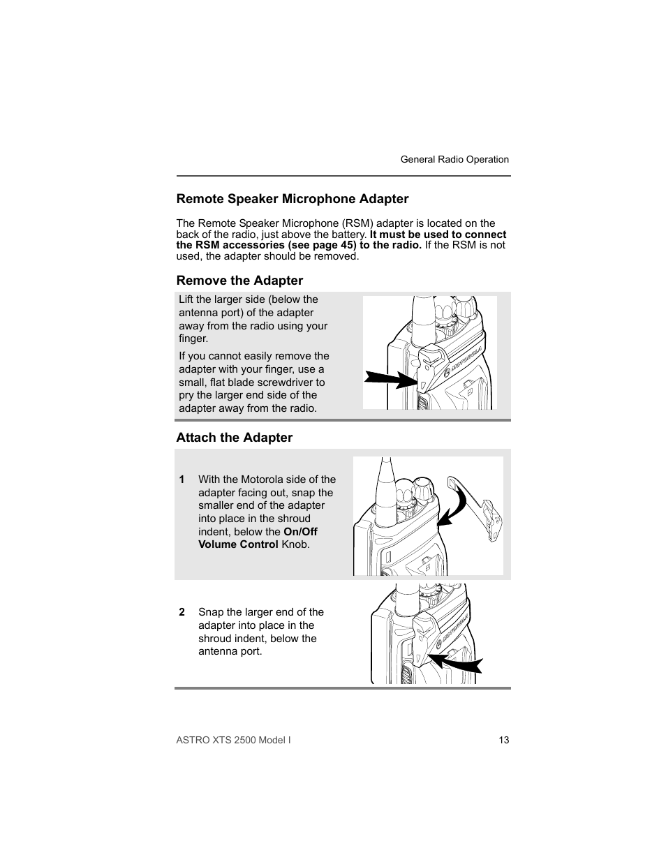 Remote speaker microphone adapter, Remove the adapter, Attach the adapter | Motorola XTS2500 User Manual | Page 25 / 78