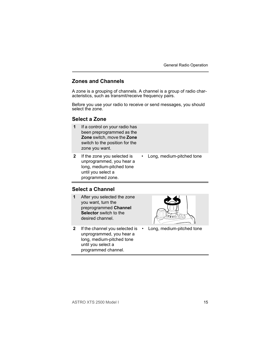 Zones and channels, Select a zone, Select a channel | Motorola XTS2500 User Manual | Page 27 / 78