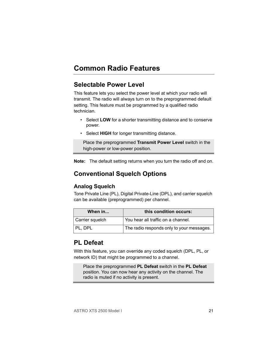 Common radio features, Selectable power level, Conventional squelch options | Analog squelch, Pl defeat | Motorola XTS2500 User Manual | Page 33 / 78