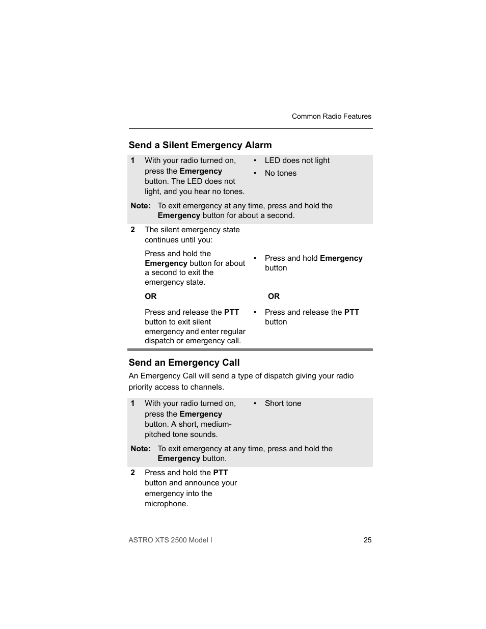 Send a silent emergency alarm, Send an emergency call | Motorola XTS2500 User Manual | Page 37 / 78