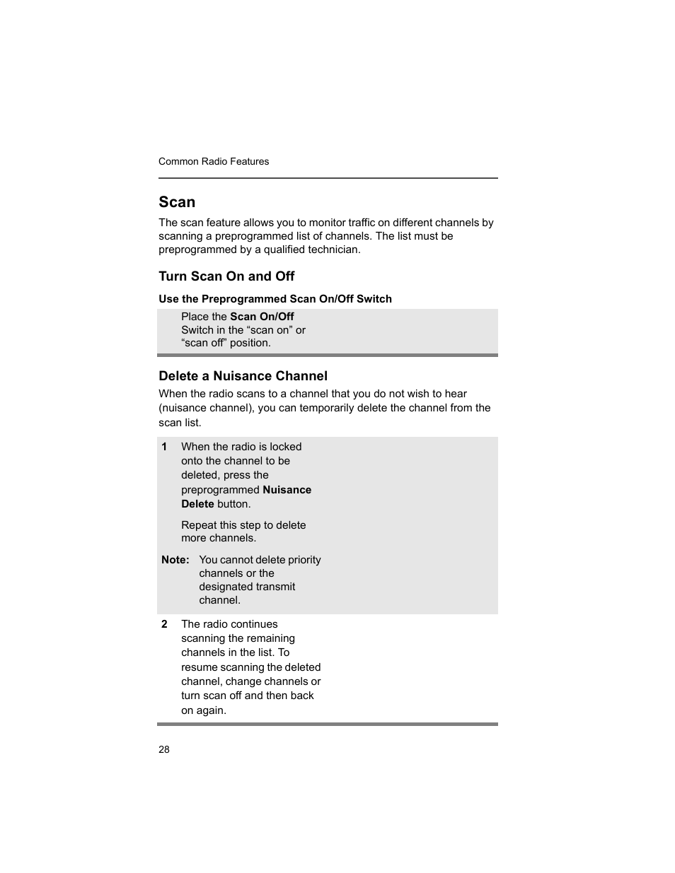 Scan, Turn scan on and off, Delete a nuisance channel | Motorola XTS2500 User Manual | Page 40 / 78